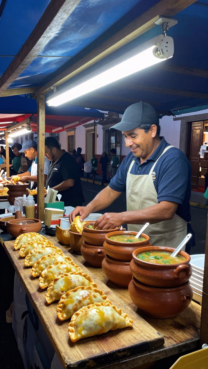 Late Night Street Food Scene in Quito Ecuador with Clay Pot and Wooden Board in in Quito, Ecuador