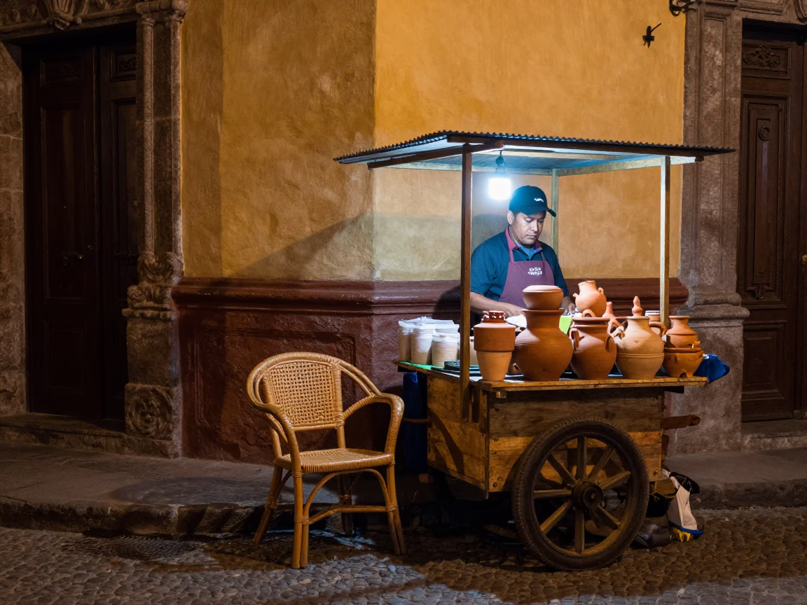 Late Night Street Food Scene in Quito Ecuador with Rattan Chair and Ceramic Bowls in in Quito, Ecuador