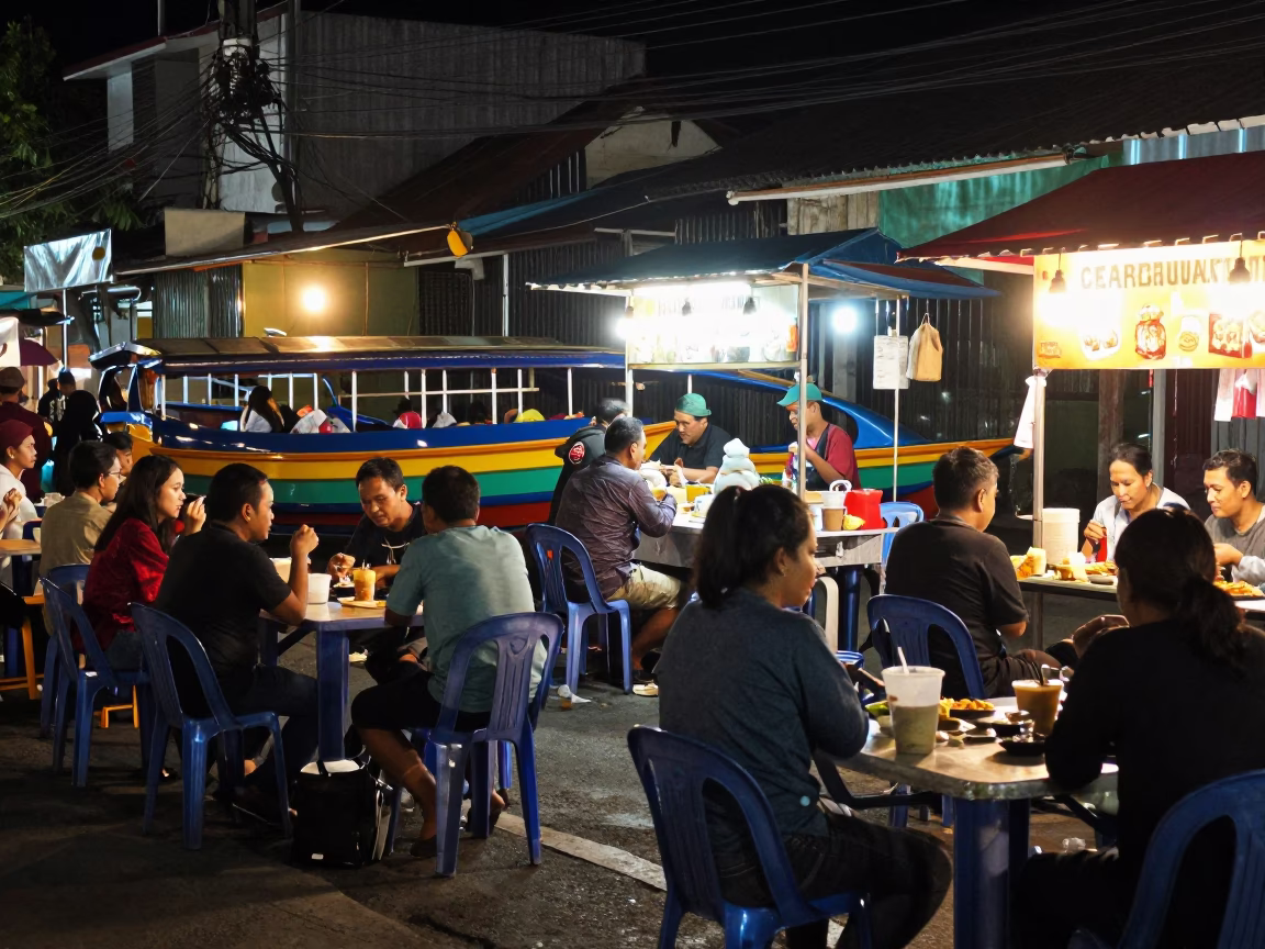 Late Night Street Food Scene in Surabaya Indonesia with Water Taxi and Local Dining in in Surabaya, Indonesia