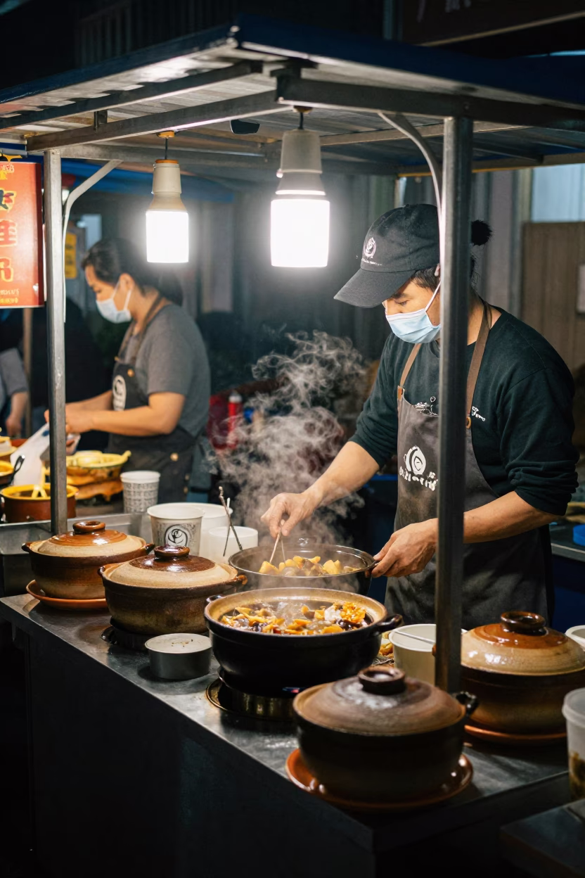 Late Night Street Food Scene in Tainan Taiwan with Clay Pots and Folding Stools in in Tainan, Taiwan