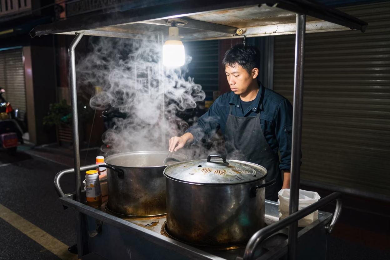 Late Night Street Food Scene in Tainan Taiwan with Condensation and Fingerprints in in Tainan, Taiwan