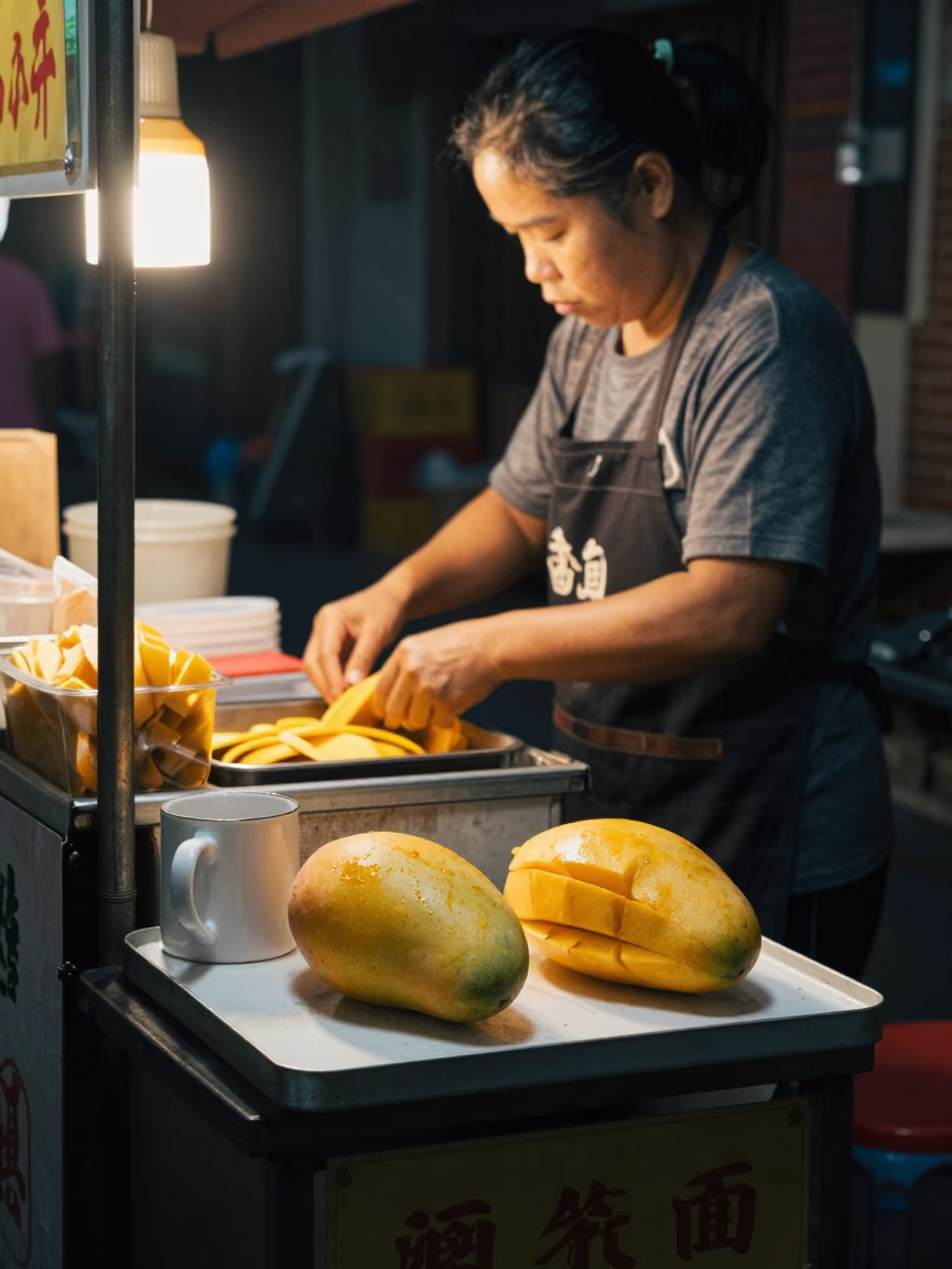 Late Night Street Food Scene in Tainan Taiwan with Mangoes and Mug in in Tainan, Taiwan