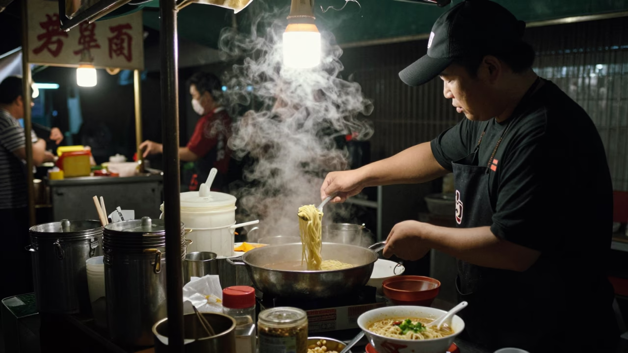 Late Night Street Food Scene in Tainan Taiwan with Ramen and Local Diners in in Tainan, Taiwan