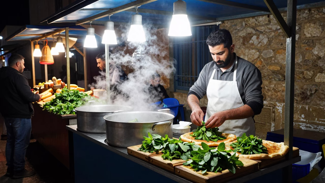 Late Night Street Food Scene in Tunis Tunisia with Mint Leaves and Bread Board in in Tunis, Tunisia