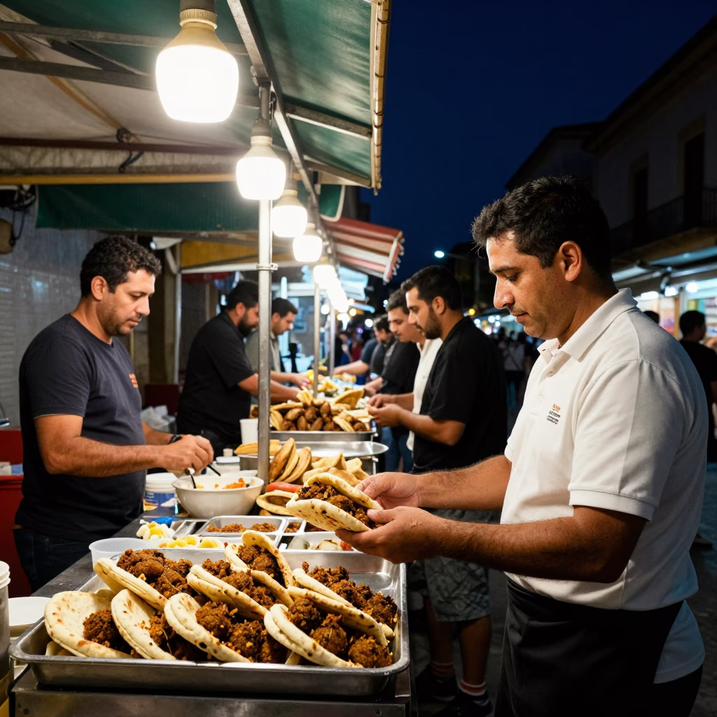 Late Night Street Food Scene in Valencia Spain Under Deep Night Sky in in Valencia, Spain