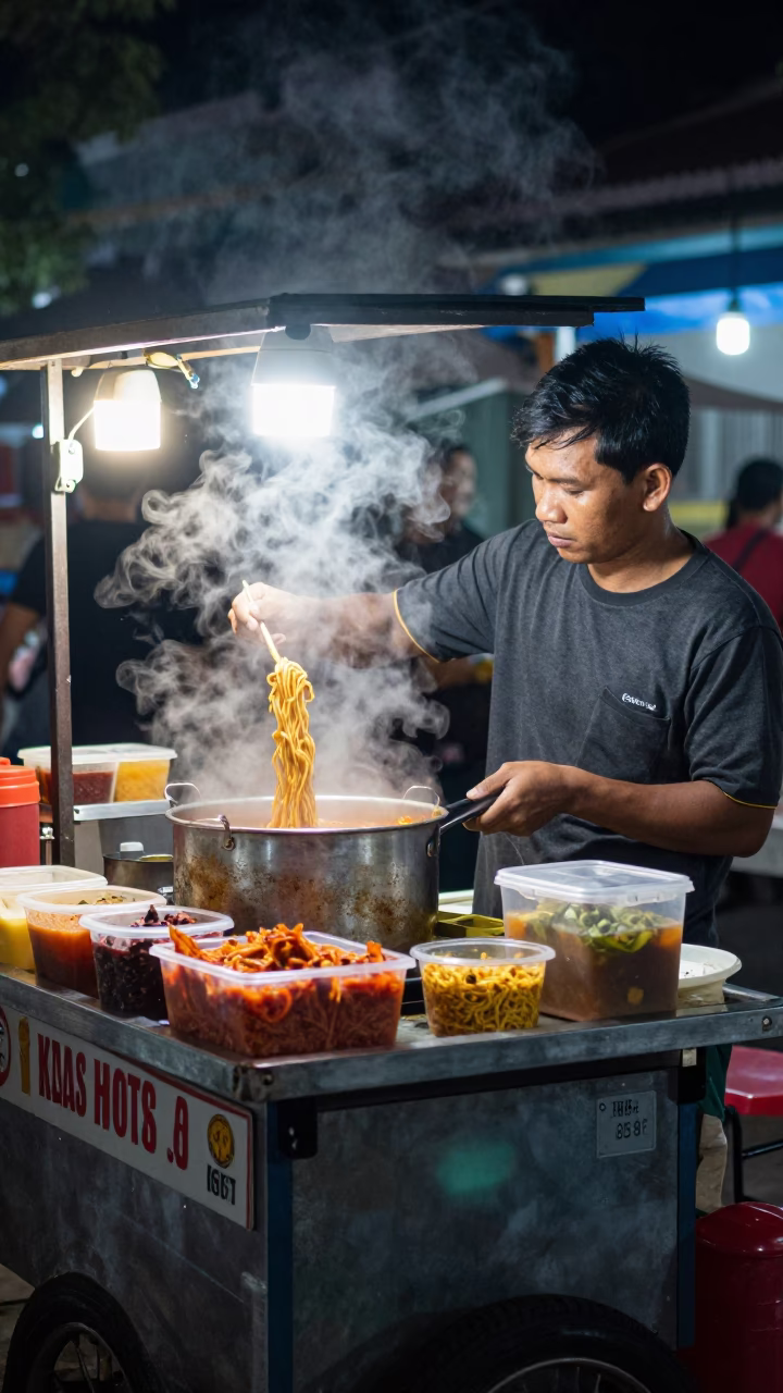Late Night Street Food Scene in Yogyakarta Indonesia with Steam and Lanterns in in Yogyakarta, Indonesia