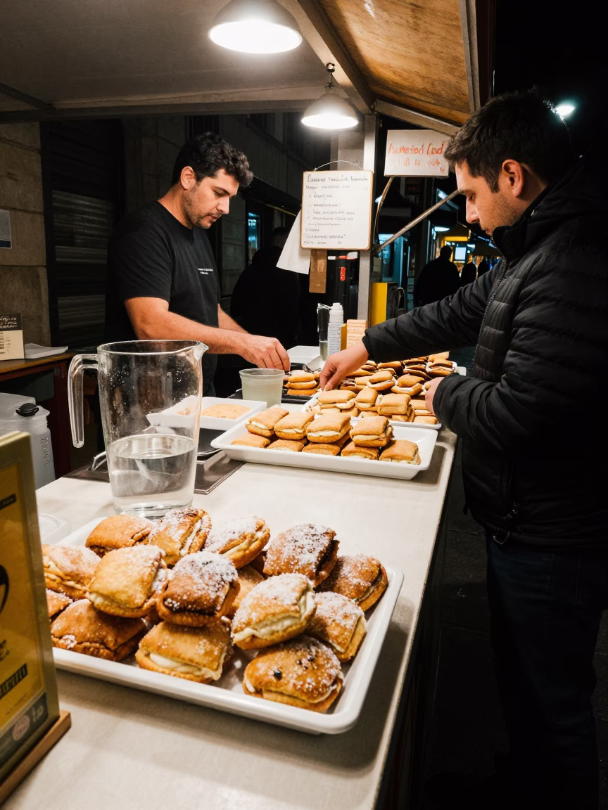 Late Night Street Food Scene with Alfajores and Glass Pitcher in Barcelona in in Barcelona, Spain