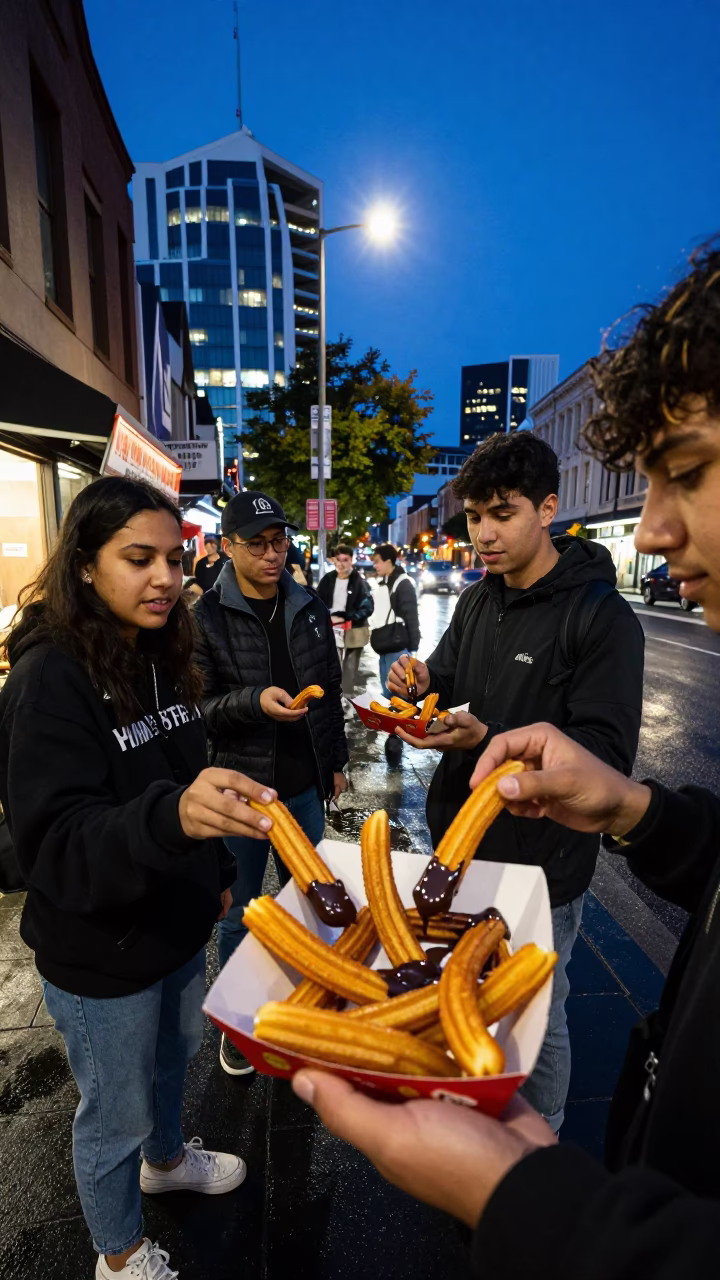 Late Night Street Food Scene with Churros in Christchurch New Zealand in in Christchurch, New Zealand