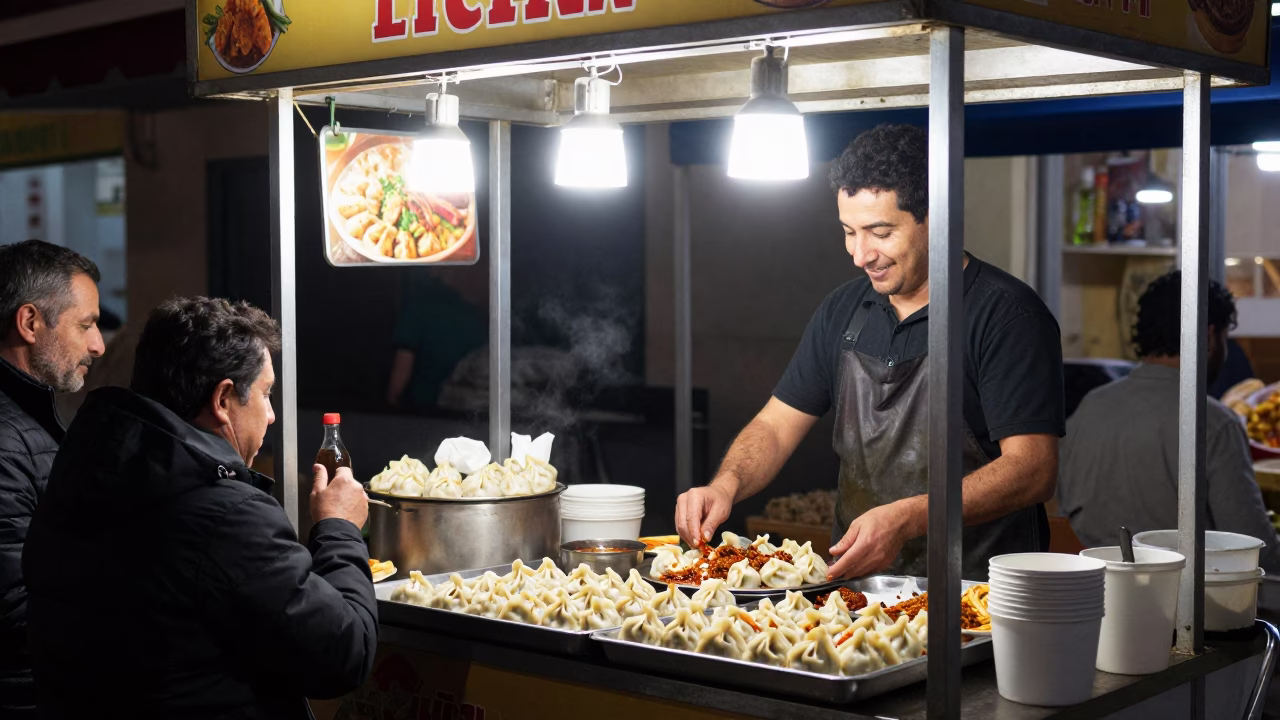 Late Night Street Food Stall in Athens Greece with Momos and Local Diners in in Athens, Greece