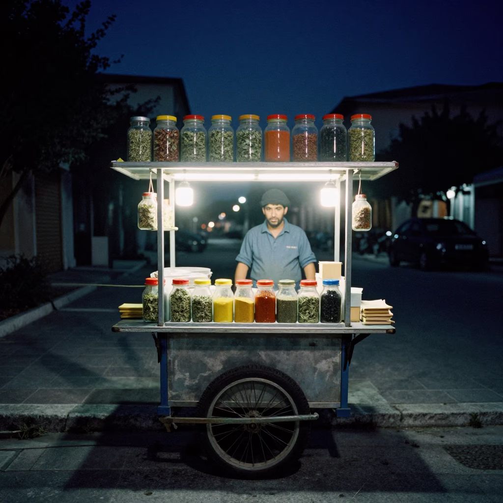 Late Night Street Food Stall in Athens Greece with Spice Jars and Night Activity in in Athens, Greece
