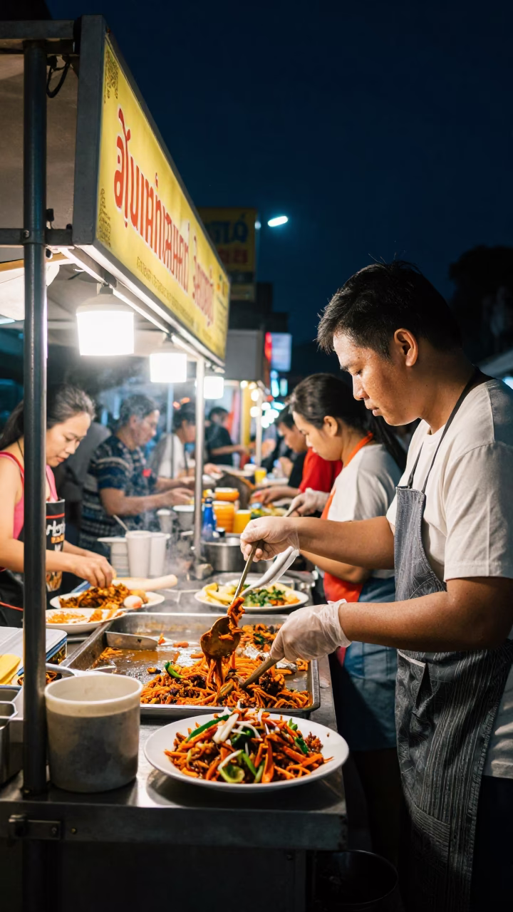 Late Night Street Food Stall in Bangkok Thailand Under Deep Night Sky in in Bangkok, Thailand