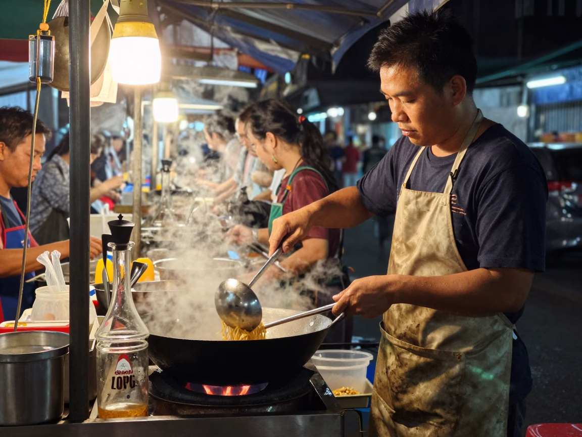Late Night Street Food Stall in Bangkok with Decanter and Measuring Cups in in Bangkok, Thailand