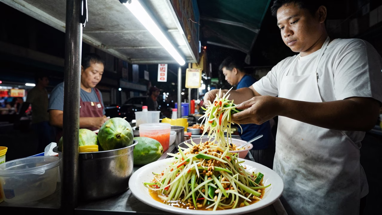 Late Night Street Food Stall in Bangkok with Green Papaya Salad and Steel Pitcher in in Bangkok, Thailand