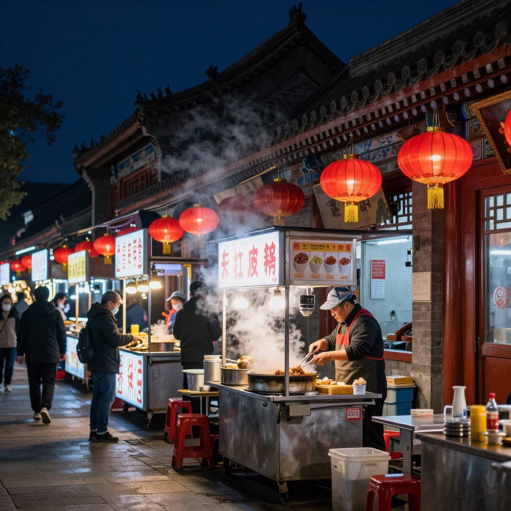 Late Night Street Food Stall in Beijing China with Steam and Neon Lights in in Beijing, China