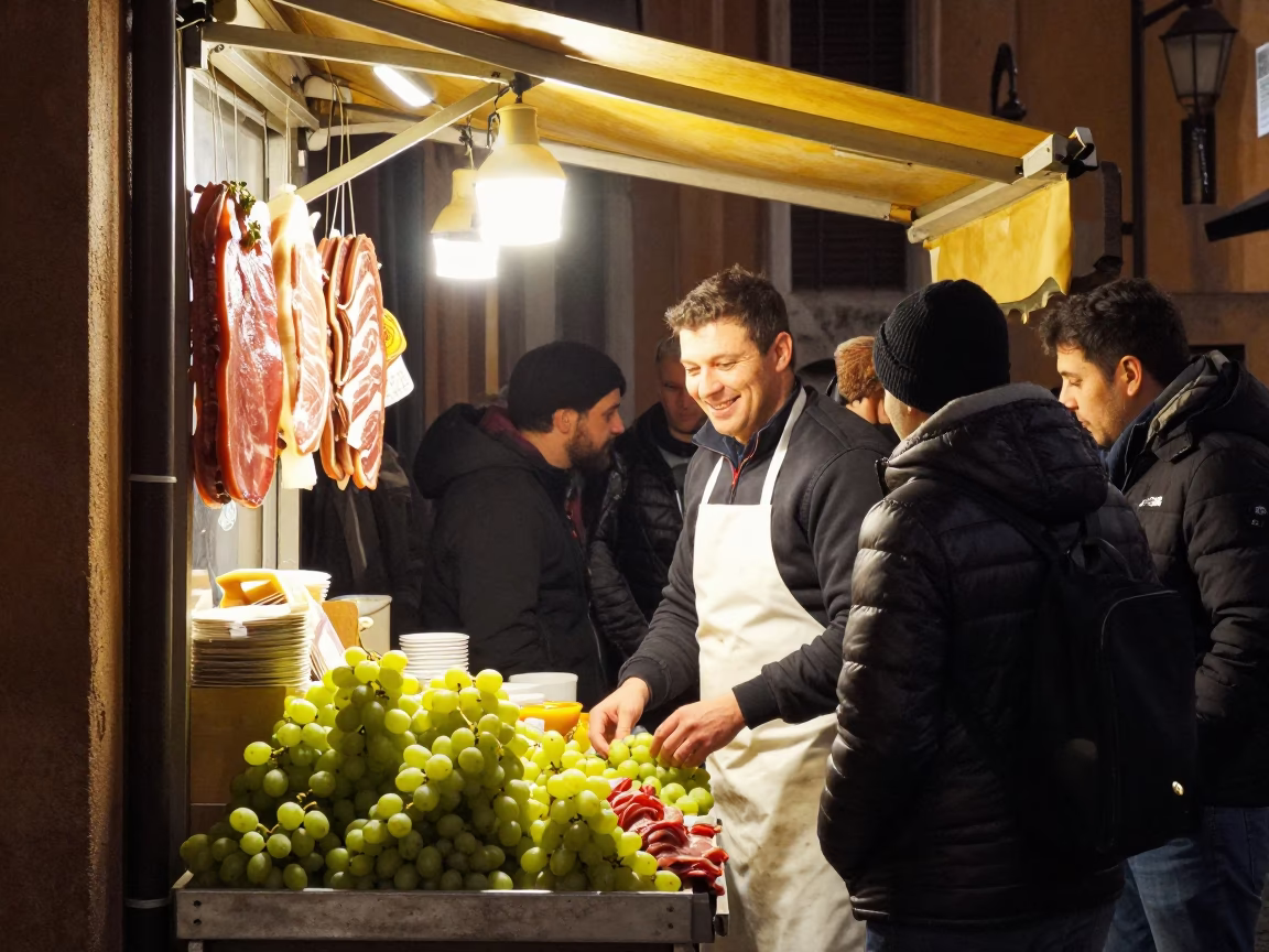 Late Night Street Food Stall in Bologna Italy with Grapes and Kettle in in Bologna, Italy