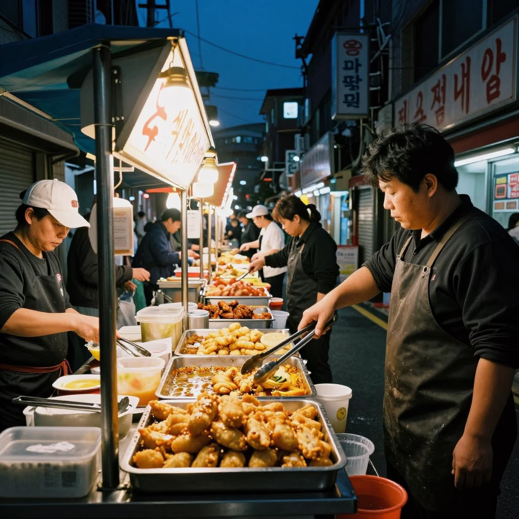 Late Night Street Food Stall in Busan South Korea with Ice Tongs and Condiments in in Busan, South Korea