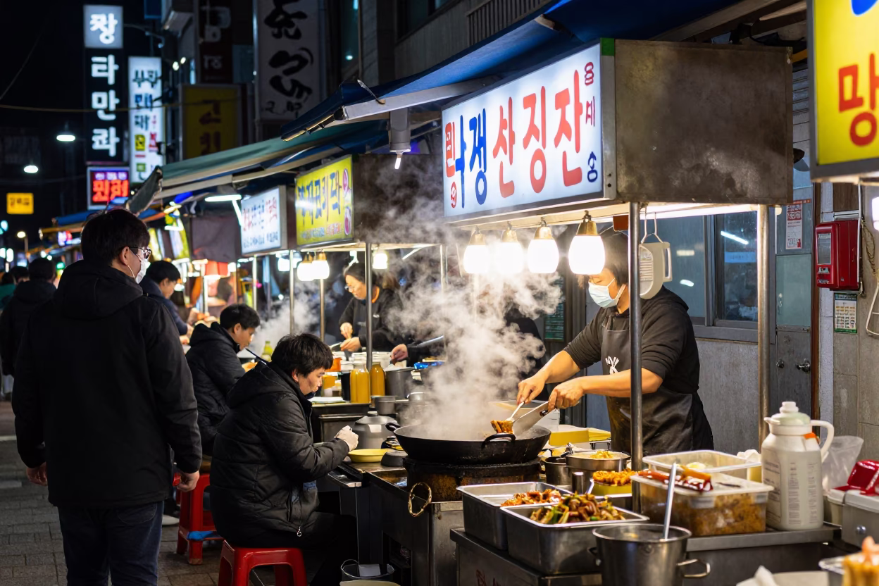 Late Night Street Food Stall in Busan South Korea with Neon Lights and Diners in in Busan, South Korea