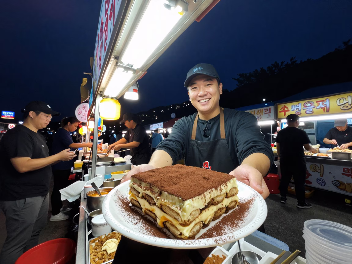Late Night Street Food Stall in Busan South Korea with Tiramisu and Glass Jars in in Busan, South Korea