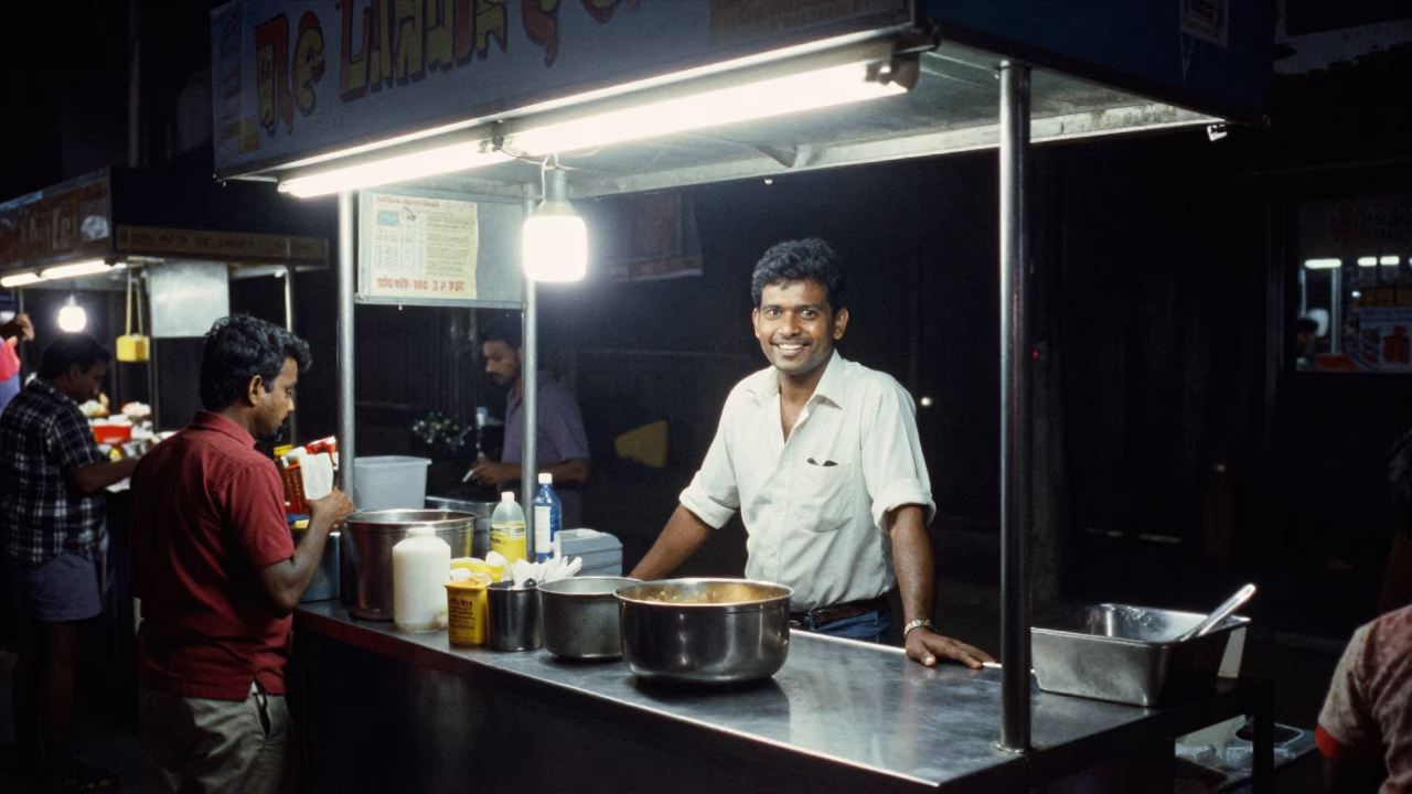 Late Night Street Food Stall in Chennai India with Smiling Vendor and Local Customers in in Chennai, India