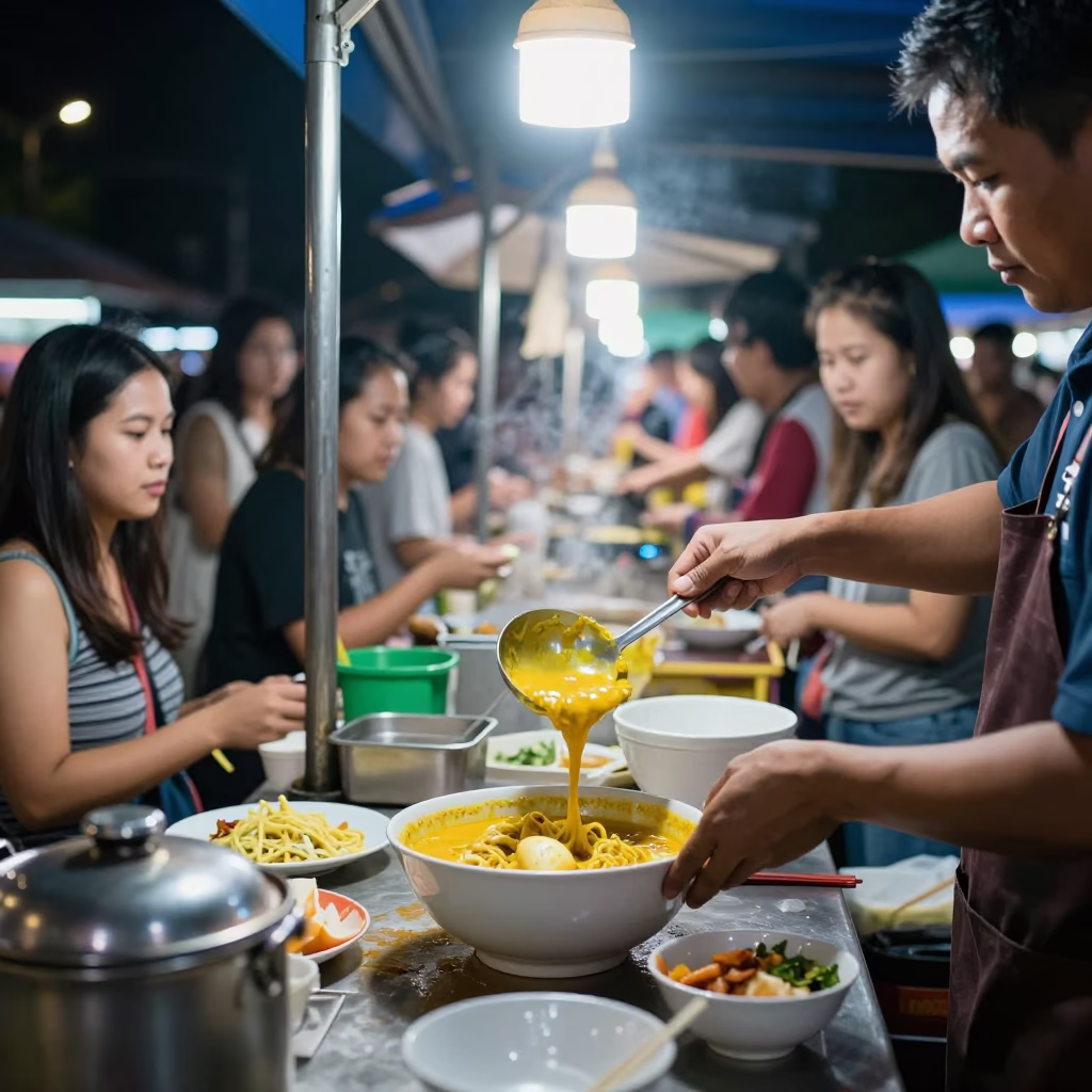 Late Night Street Food Stall in Chiang Mai Serving Khao Soi at Midnight in in Chiang Mai, Thailand
