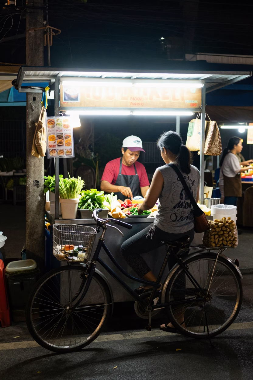 Late Night Street Food Stall in Chiang Mai Thailand with Bicycle and Glass Jar in in Chiang Mai, Thailand