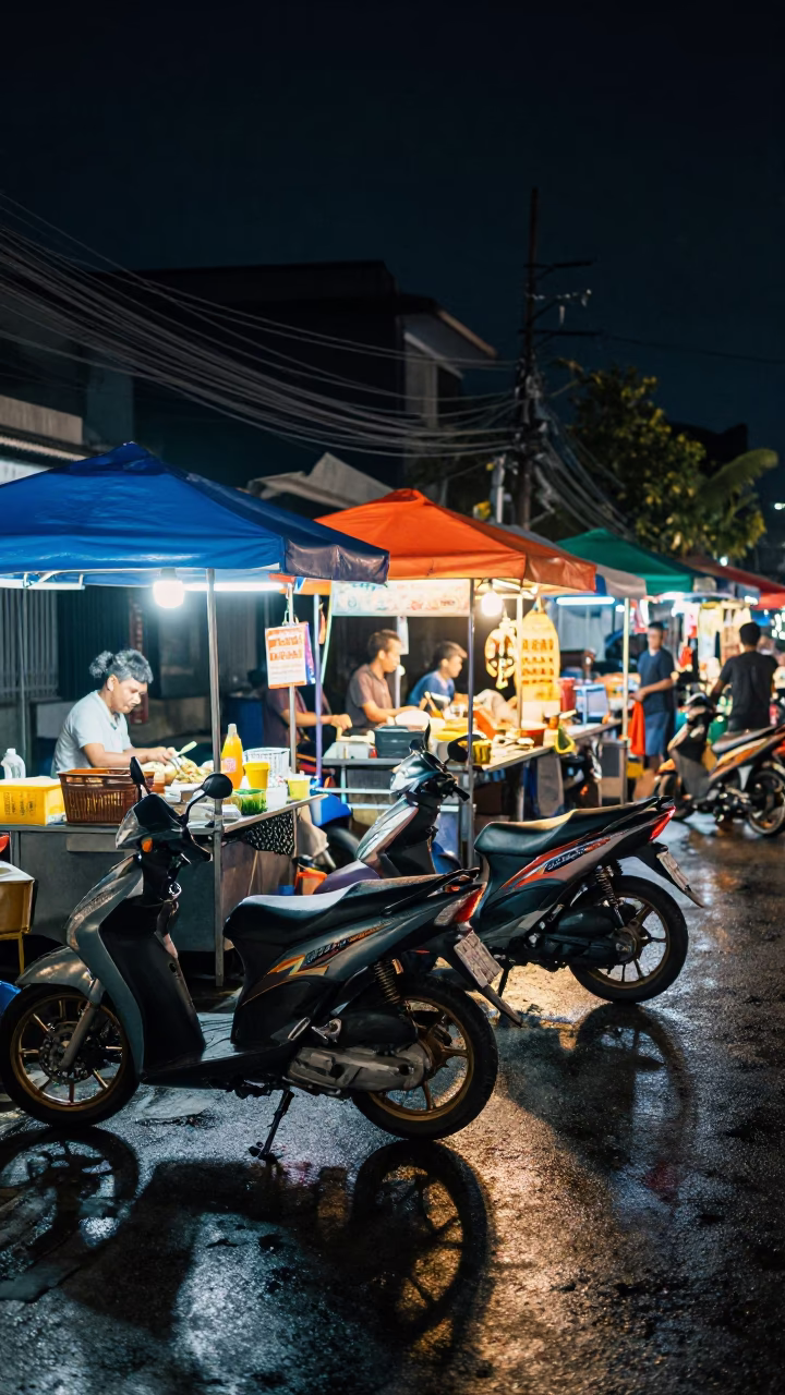 Late Night Street Food Stall in Denpasar Indonesia with Motorcycles and Curries in in Denpasar, Indonesia