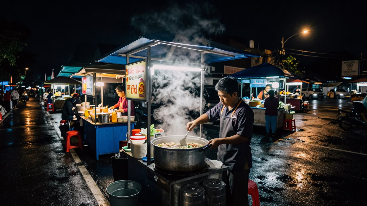 Late Night Street Food Stall in Denpasar Indonesia with Steaming Pho and Local Diners in in Denpasar, Indonesia