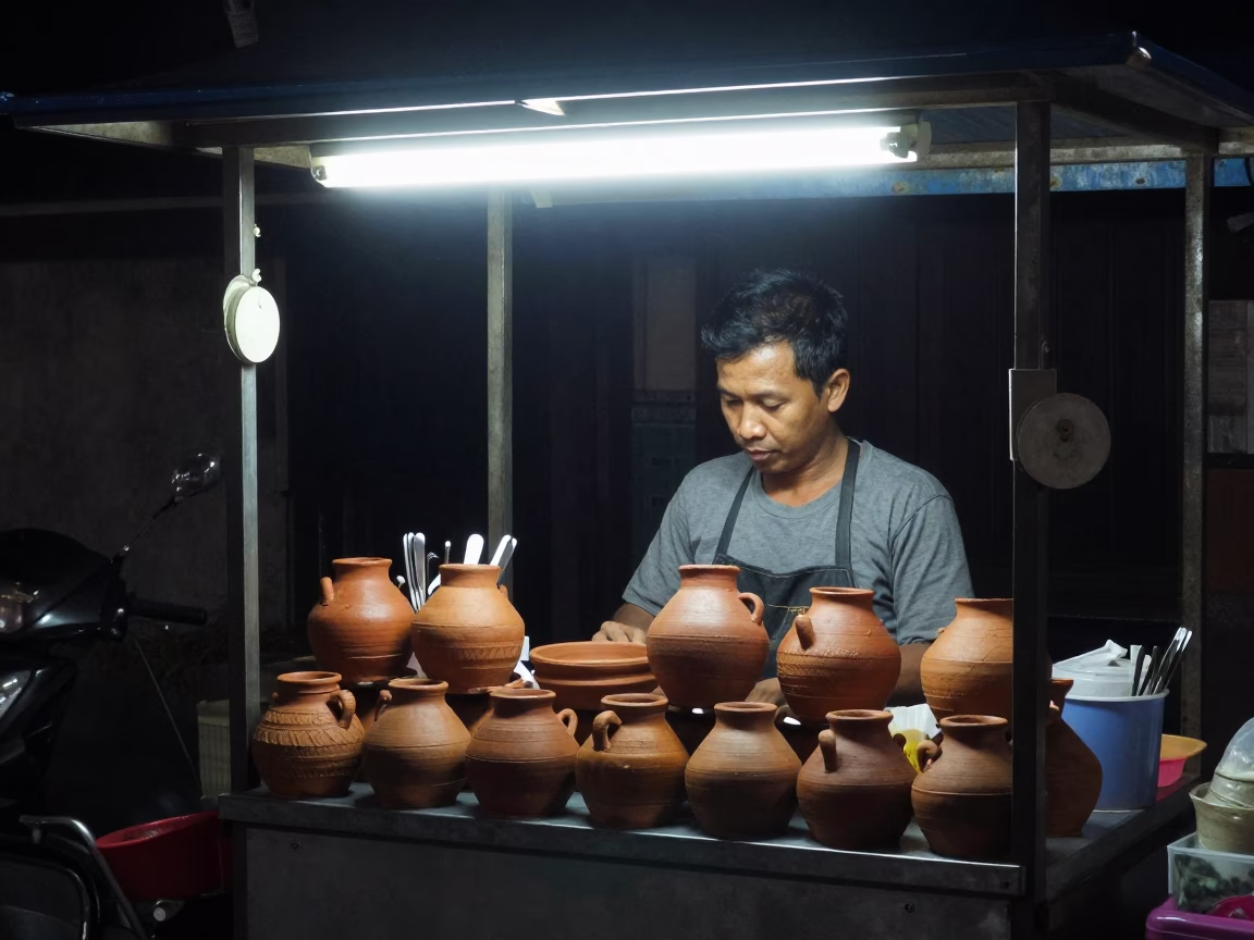 Late Night Street Food Stall in Denpasar Indonesia with Utensil Crocks and Soap Residue in in Denpasar, Indonesia