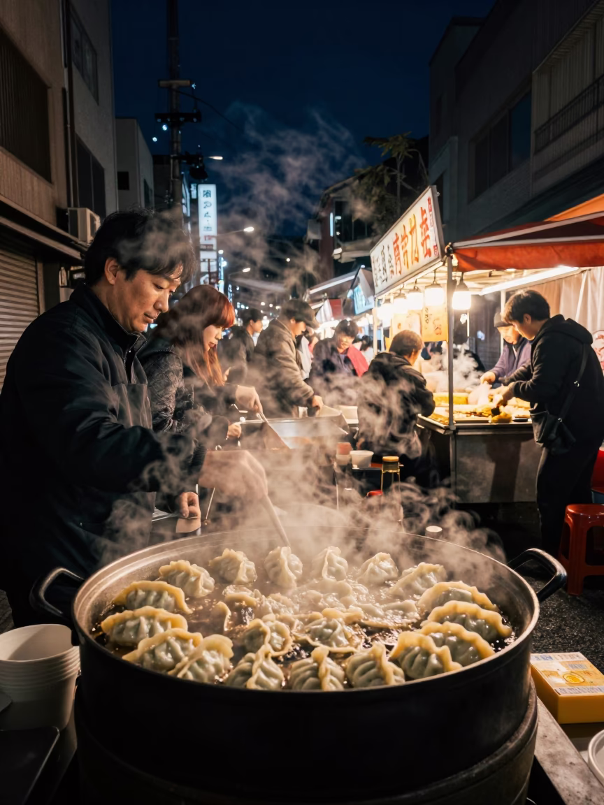 Late Night Street Food Stall in Fukuoka Japan Under Deep Night Sky in in Fukuoka, Japan
