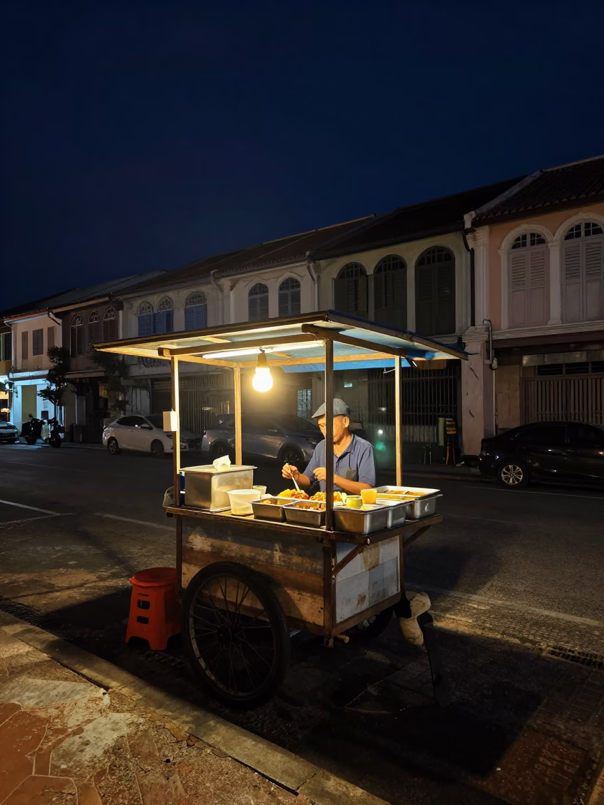 Late Night Street Food Stall in George Town Malaysia Under Deep Night Sky in in George Town, Malaysia