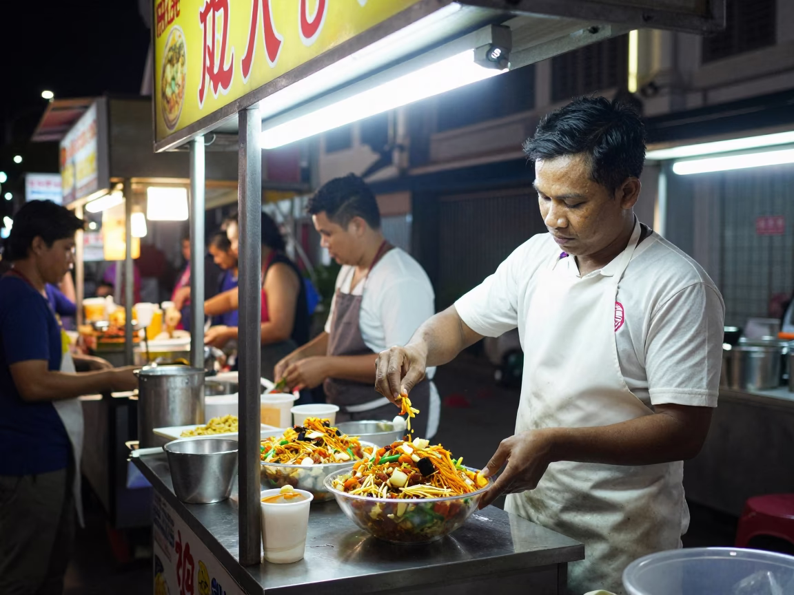 Late Night Street Food Stall in George Town Malaysia with Chaat and Local Interaction in in George Town, Malaysia