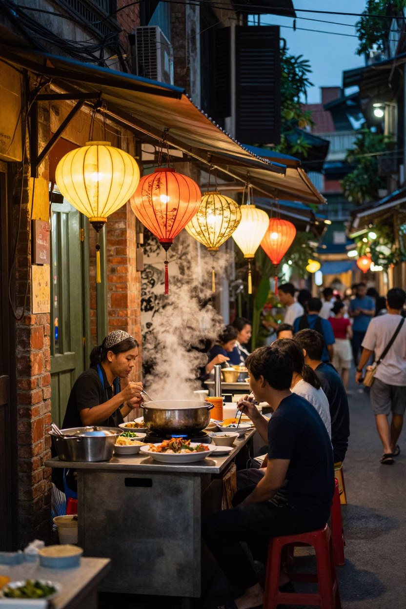 Late Night Street Food Stall in Hanoi Vietnam with Lanterns and Ceramic Mugs in in Hanoi, Vietnam
