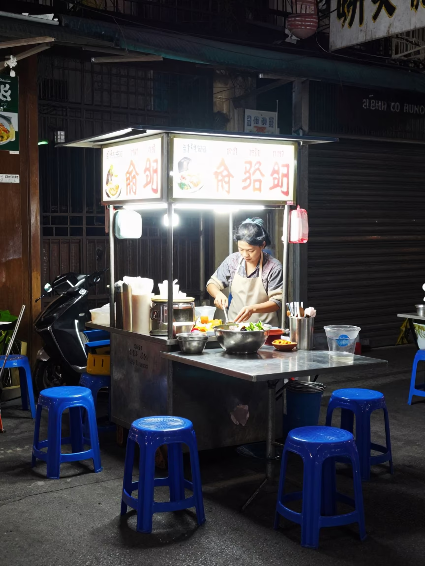 Late Night Street Food Stall in Hanoi Vietnam with Plastic Stools and Measuring Tapes in in Hanoi, Vietnam