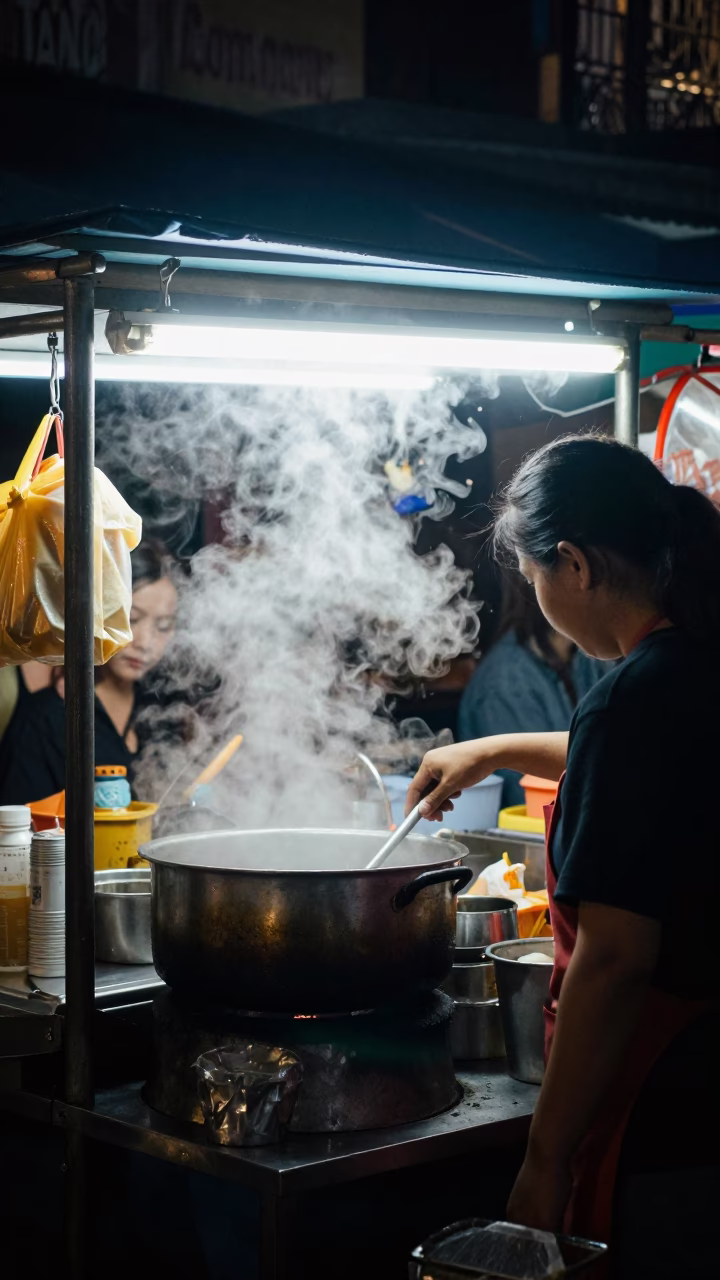 Late Night Street Food Stall in Hanoi Vietnam with Steam and Plastic Chairs in in Hanoi, Vietnam