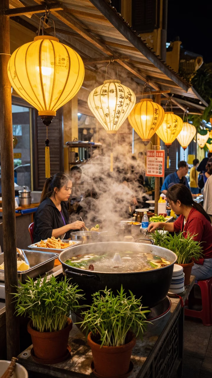 Late Night Street Food Stall in Hoi An Vietnam with Potted Herbs and Lanterns in in Hoi An, Vietnam