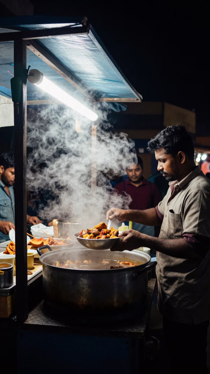 Late Night Street Food Stall in Jaipur India with Steam and Local Diners in in Jaipur, India