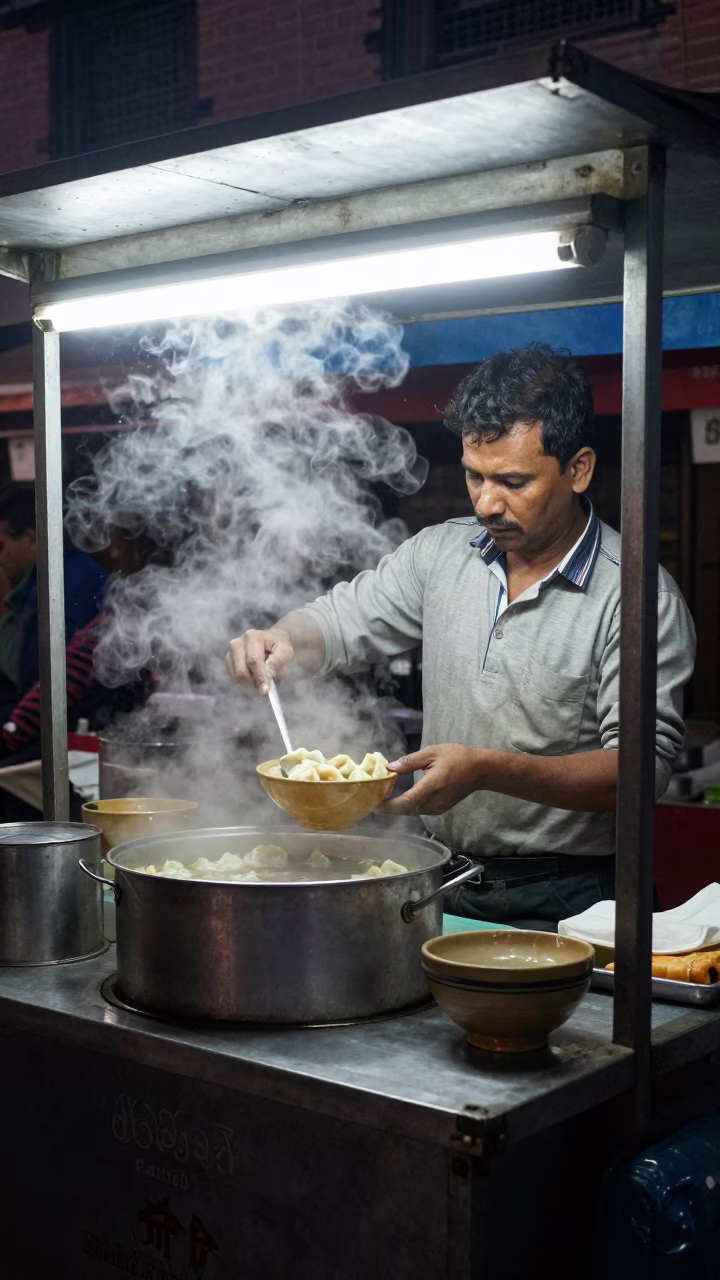Late Night Street Food Stall in Kathmandu Nepal Serving Wonton Soup and Bok Choy in in Kathmandu, Nepal