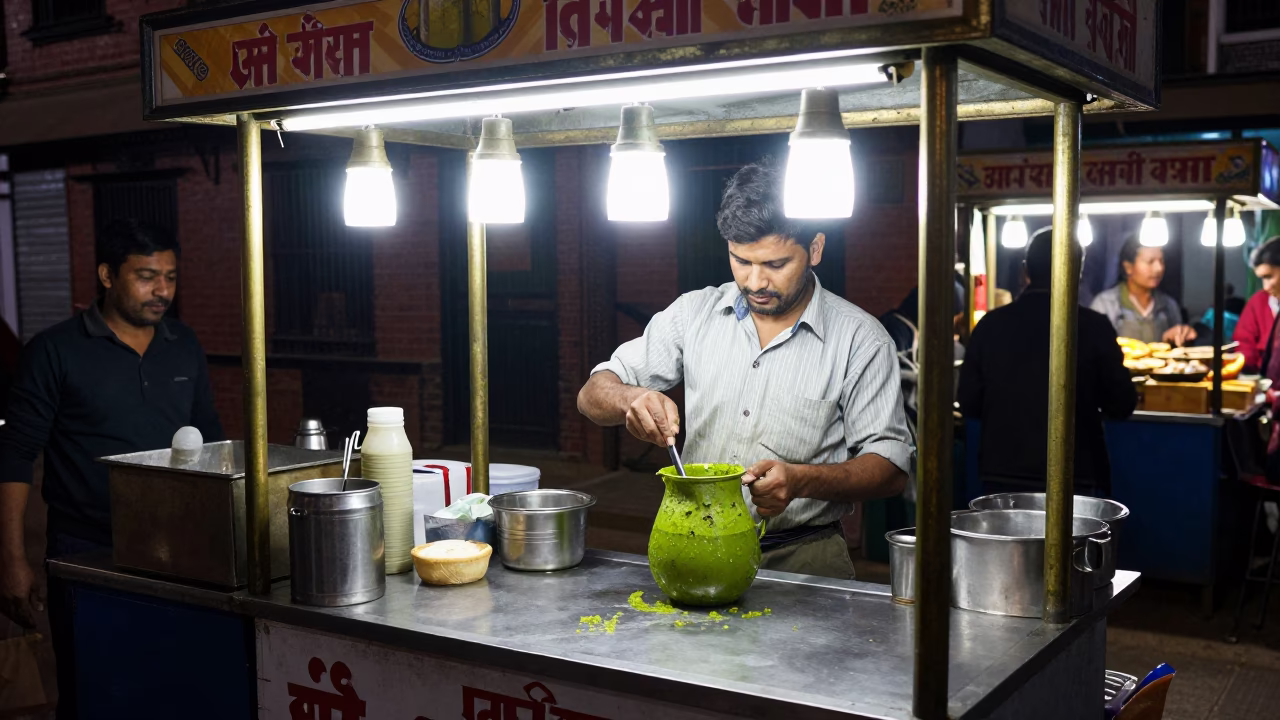 Late Night Street Food Stall in Kathmandu Nepal with Brass Rim and Wooden Hanger in in Kathmandu, Nepal