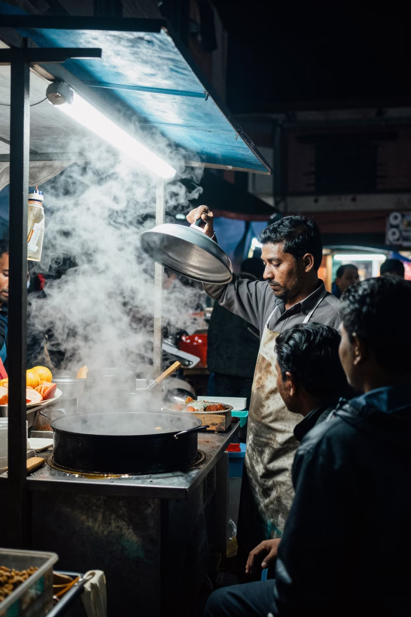 Late Night Street Food Stall in Kathmandu Nepal with Steam and Neon Lights in in Kathmandu, Nepal