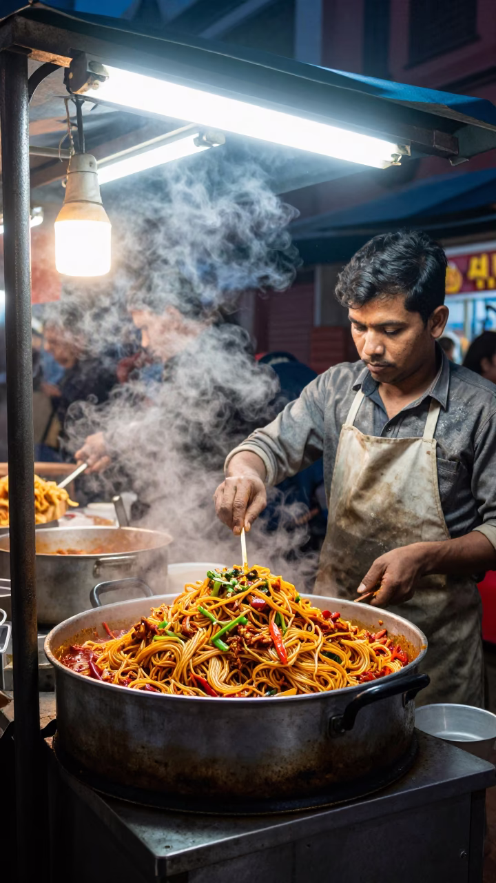 Late Night Street Food Stall in Kathmandu Serving Spicy Bibim Guksu to Locals in in Kathmandu, Nepal