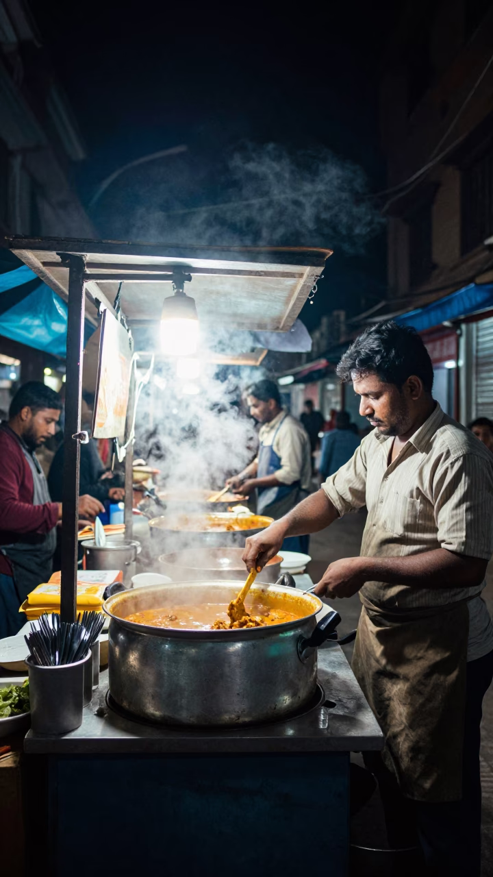 Late Night Street Food Stall in Kathmandu with Cutlery and Window Light in in Kathmandu, Nepal
