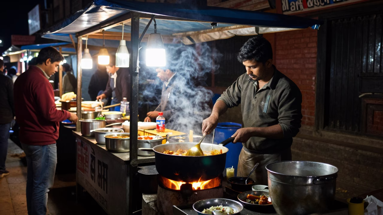 Late Night Street Food Stall in Kathmandu with Saucepan and Lockbox in in Kathmandu, Nepal