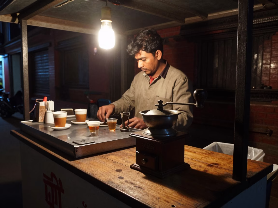 Late Night Street Food Stall in Kathmandu with Vintage Coffee Grinder and Jam Jar in in Kathmandu, Nepal