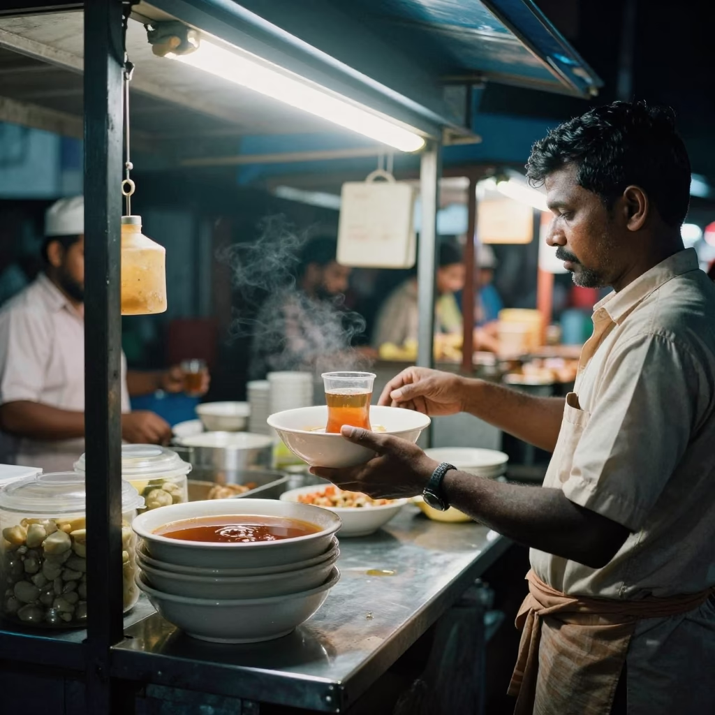 Late Night Street Food Stall in Kochi India with Ceramic Bowl and Jam Jar in in Kochi, India