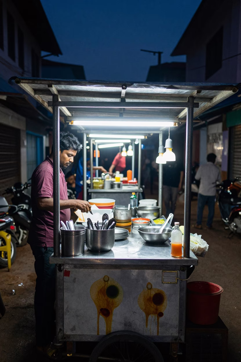 Late Night Street Food Stall in Kochi India with Tea Stains and Kitchen Utensils in in Kochi, India