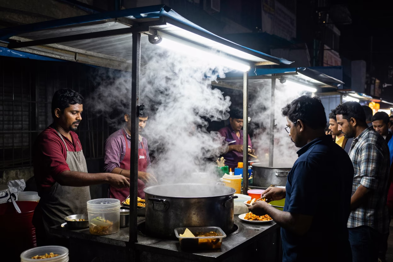 Late Night Street Food Stall in Kolkata India with Steam and Local Diners in in Kolkata, India