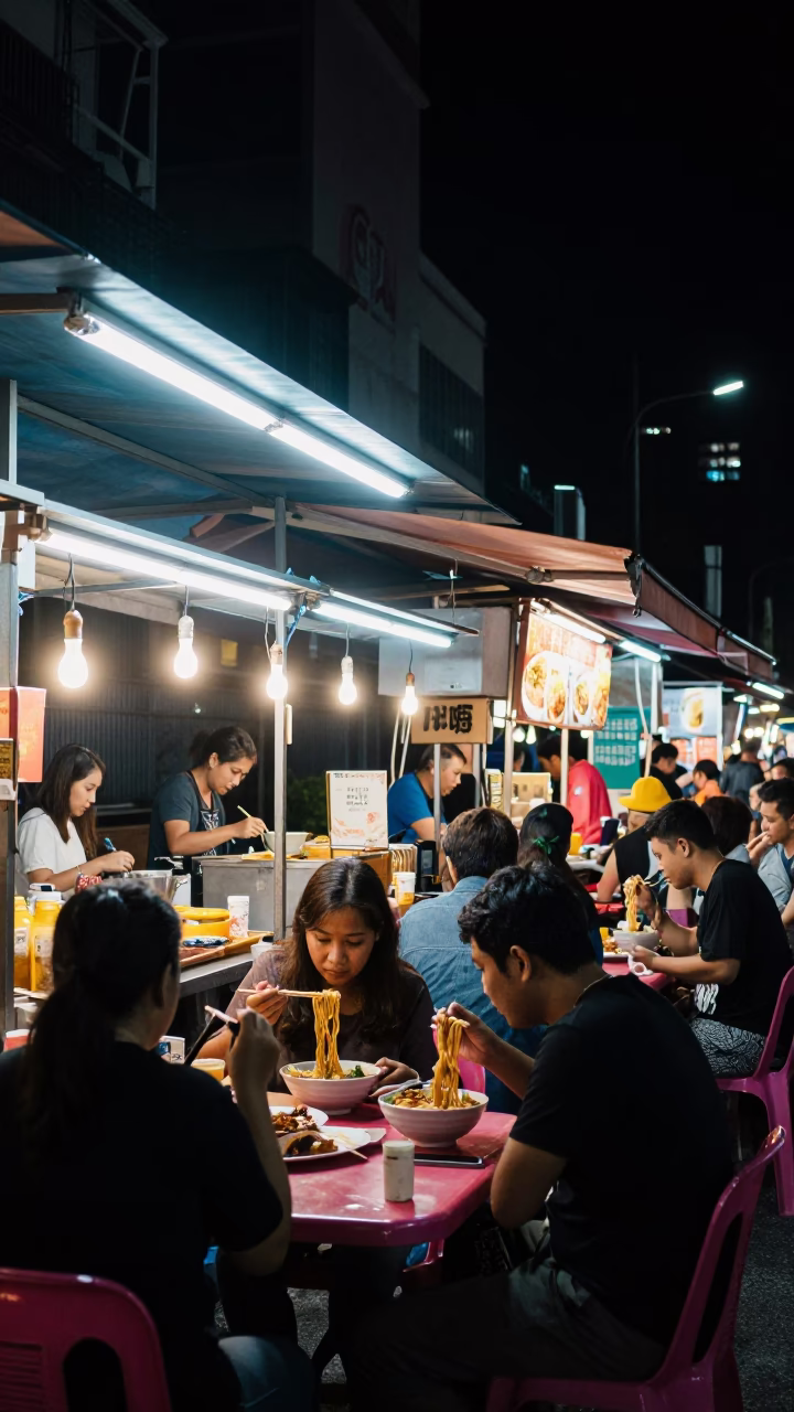 Late Night Street Food Stall in Kuala Lumpur Under Deep Night Sky in in Kuala Lumpur, Malaysia