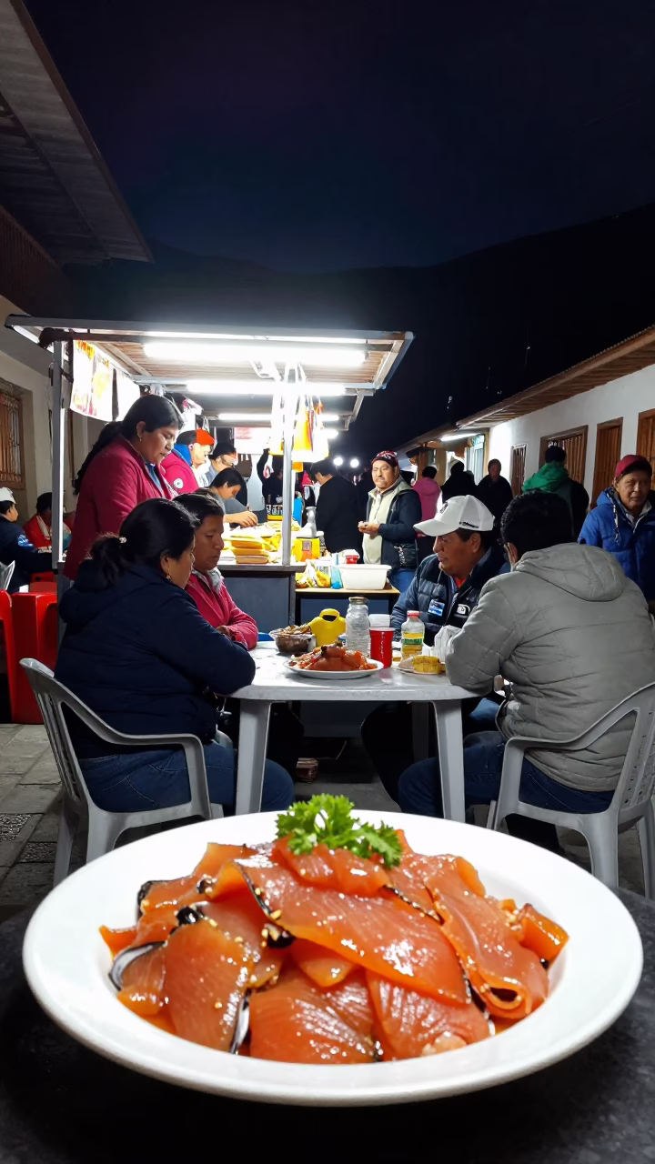 Late Night Street Food Stall in La Paz Bolivia with Gravlax Plate in in La Paz, Bolivia