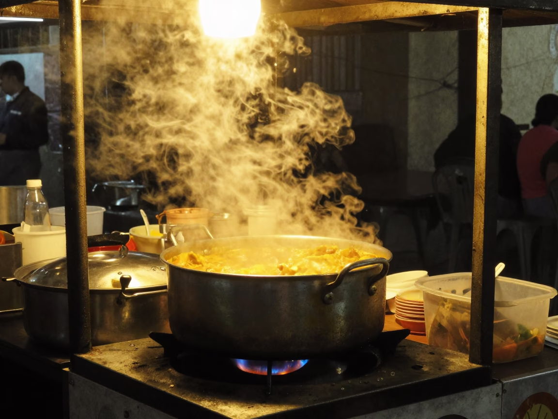 Late Night Street Food Stall in Lima Peru with Bubbling Pot and Folding Chair in in Lima, Peru