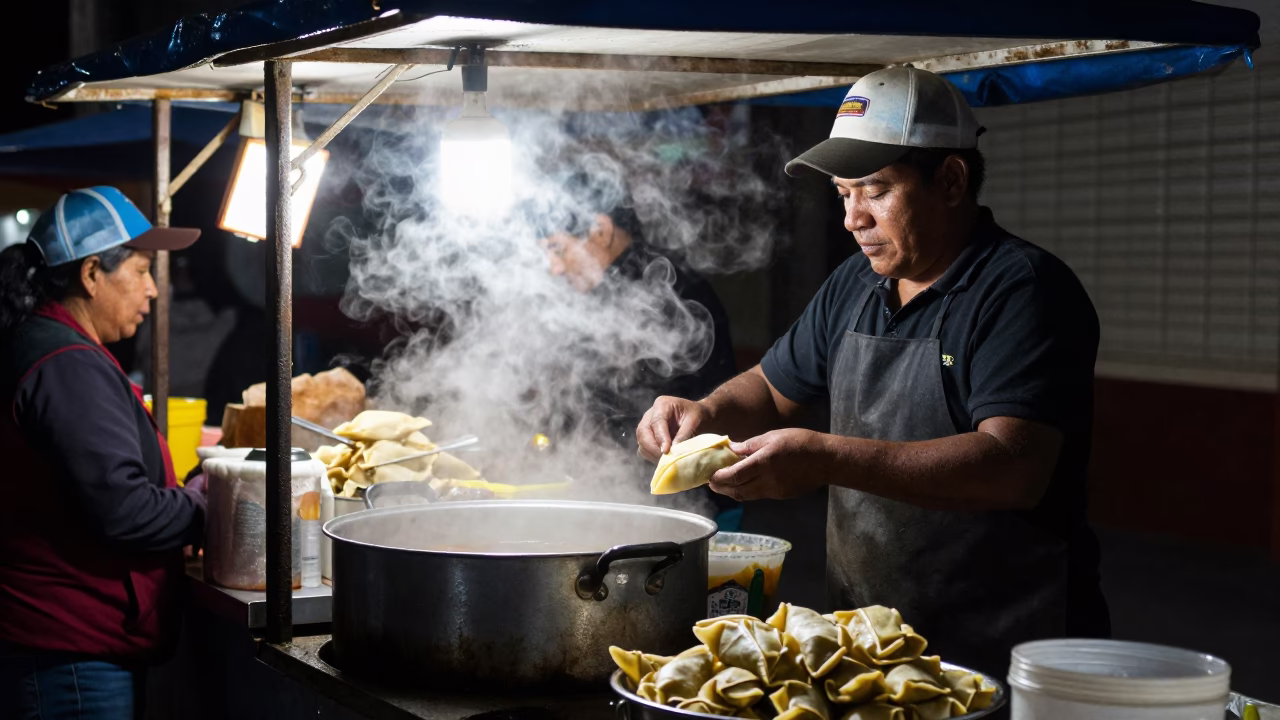 Late Night Street Food Stall in Lima Peru with Condensation and Tamales in in Lima, Peru